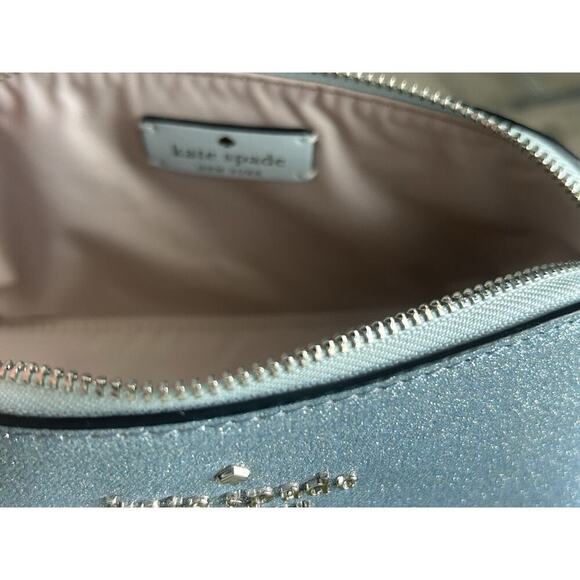 New Kate Spade Blue Tinsel Glitter Cosmetic Bag NWOT Powder Make-up Bathroom - Picture 4 of 11